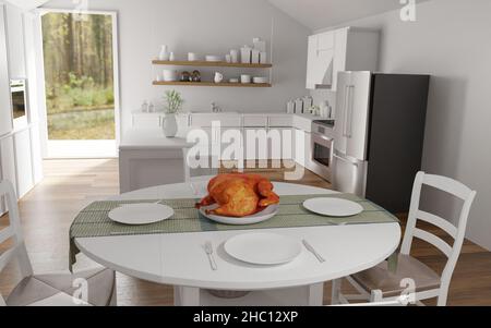 tacchino arrosto per il Ringraziamento sul tavolo da pranzo in cucina moderna. 3D rendering dell'immagine. Foto Stock