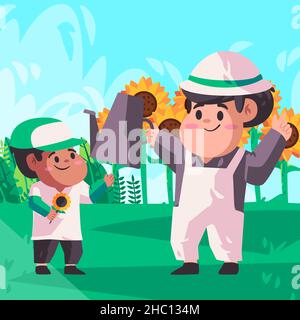 Padre e figlio che tengono annaffiatura può pentola bollitore per le piante nel loro giardino ci sono campo di erba e molti fiori di sole Illustrazione Vettoriale