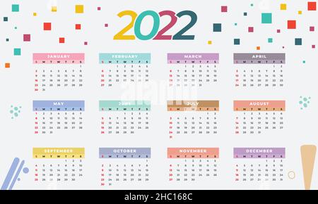 Calendario 2022 anno fissato. Raccolta di modelli vettoriali. Design semplice. La settimana inizia la domenica. Gennaio, febbraio, marzo, aprile, maggio, Giugno, luglio, agosto, se Illustrazione Vettoriale