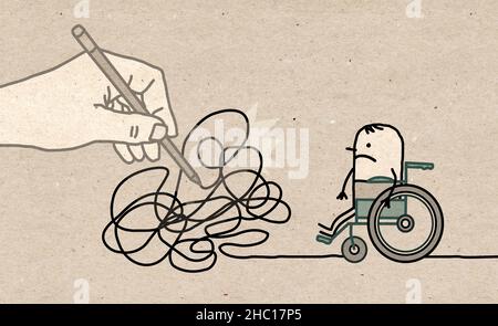 Mano disegnata grande disegno con Cartoon Disabled Man - Percorso aggrovigliato Foto Stock