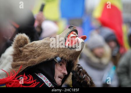 Bucarest, Romania - 21 dicembre 2021: Un uomo indossa la pelliccia di orso ed esegue rituali tradizionali rumeni di Capodanno (Bears Dance o Dansul Ursilor). Foto Stock