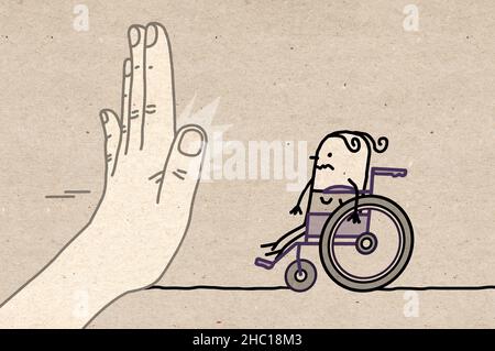 Mano disegnata Grande mano con personaggio Cartoon - segnale di stop Di fronte a una donna disabile Foto Stock