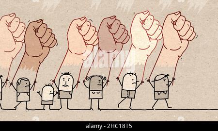 Cartoon disegnato a mano che protesta le persone con Big Multi-Ethical Raised Fists Foto Stock