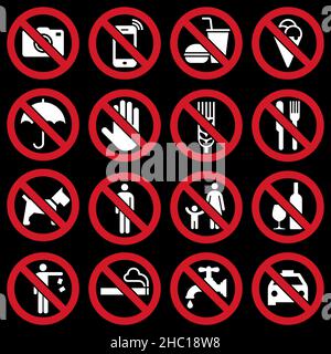 Segnali di divieto su sfondo nero Foto Stock