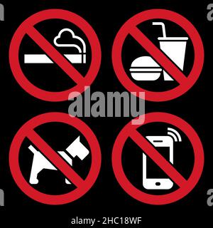 Vietato fumare, niente cibo o bevande, niente cani e nessun telefono cellulare segni vietati su sfondo nero Foto Stock