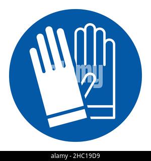 Indossare guanti - segnale di sicurezza, cartello di avvertenza isolato su sfondo bianco Foto Stock