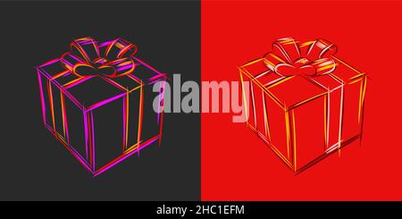 Illustrazione di disegno a mano di una scatola regalo, colori brillanti linee di pastelli grafica su sfondo scuro Illustrazione Vettoriale