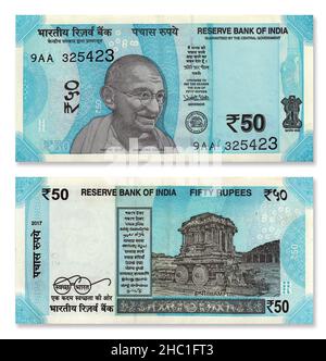 Indian 50 rupee carta valuta nuova nota fronte e retro design isolato su sfondo bianco Foto Stock
