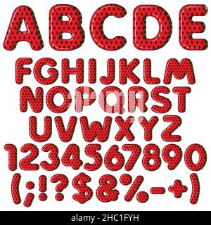 Alfabeto gonfiabile, lettere, numeri e segni in cocomero a colori. Set di oggetti vettoriali isolati colorati su sfondo bianco. Illustrazione Vettoriale
