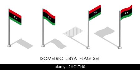 Bandiera isometrica DELLA LIBIA in posizione statica e in movimento sul flagpole. 3d vettore Illustrazione Vettoriale