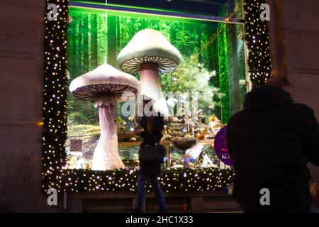 Amsterdam, 18 dicembre. 14th Jan 2022. Una donna passa davanti a una vetrina con decorazioni natalizie ad Amsterdam, Paesi Bassi, il 18 dicembre 2021. Sabato il governo olandese ha annunciato un blocco più severo per paura dell'ascesa della variante Omicron di COVID-19 nel paese. Il nuovo blocco avrà effetto dalle ore 5 di domenica mattina ora locale e rimarrà in vigore fino al 14 gennaio 2022. Credit: Sylvia Lederer/Xinhua/Alamy Live News Foto Stock