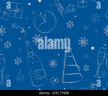 Modello di elementi senza cuciture per Capodanno e Natale. Illustrazione di Doodle, disegnata a mano. Vettore. Carta da imballaggio per le feste. Illustrazione Vettoriale