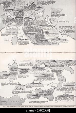 Vintage cartografia delle suggestive caratteristiche fisiche della Penisola Italiana 1930s. Foto Stock