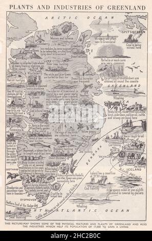 Vintage Picture map delle caratteristiche fisiche e vegetali della Groenlandia e anche delle industrie 1930s. Foto Stock