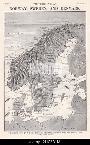 Mappa Vintage Bird's Eye di Norvegia, Svezia e Danimarca 1930s. Foto Stock