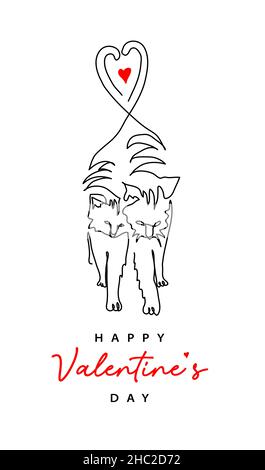 Due gatti con coda a forma di cuore. Buon San Valentino s giorno semplice minimo vettore biglietto d'auguri design. Una linea continua di disegno artistico di gatti Illustrazione Vettoriale