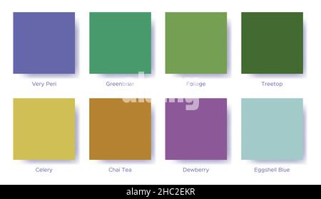 Tavolozza con il colore di 2022 sono molto Peri. Esempio di catalogo di campioni della tavolozza delle guide dei colori. Abbinamenti di tonalità per tendenze moda - collezione Healing Illustrazione Vettoriale