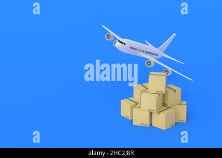 Aeroplano vicino alla pila di scatole su sfondo blu. Trasporto internazionale di merci. Logistica globale. Spedizione aerea. Concetto di AirMail. Trasporto Foto Stock