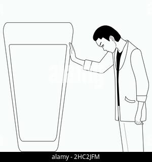 Disegno a mano in bianco e nero. Alcolismo. Ragazzo e un bicchiere di alcol. Illustrazione Vettoriale