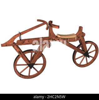3D rappresentazione illustrazione di una bicicletta Draisine o Velocipede; creata e brevettata nel 1818 dal barone tedesco Karl von Drais. Foto Stock