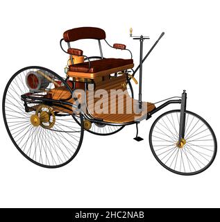 3D rappresentazione della prima automobile riconosciuta con motore a combustione interna, progettata e prodotta da Karl Friedrich B. nel 1885. Foto Stock