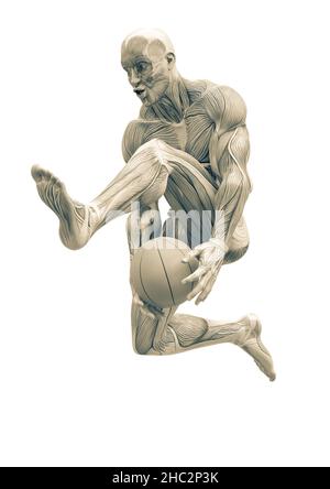 muscleman anatomia corpo eroico saltando su basket in sfondo bianco, illustrazione 3d Foto Stock