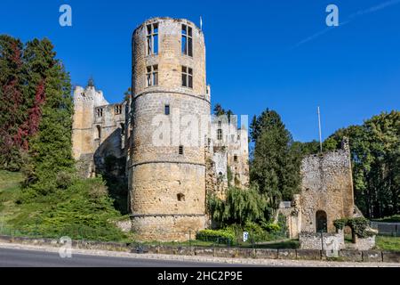 Torre circolare deteriorata nelle rovine del castello Burg Beaufort, muri in pietra, circondato da alberi lussureggianti, strada di campagna, soleggiata giornata estiva con un chiaro b Foto Stock