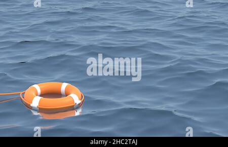 Orange Lifebuoy in oceano emergenza salvavita buoy in acqua. Salvare vite . Attrezzatura bagnino con corda galleggiante in mare. Bagnino.3D Foto Stock