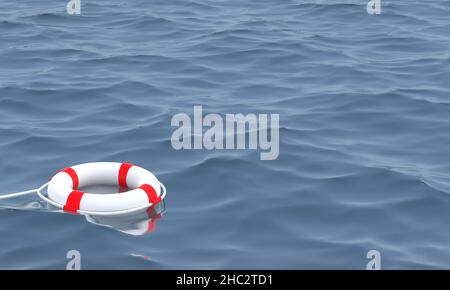 Lifebuoy in oceano emergenza salvavita buoy in acqua. Salvare vite . Attrezzatura bagnino con corda galleggiante in mare. Bagnino.3D Render Foto Stock