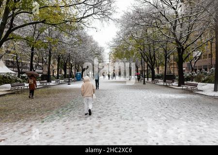 Pamplona, Spagna - 28 novembre 2021 - neve sul Paseo del Pablo Sarasate, sullo sfondo monumento al fueros. Foto Stock