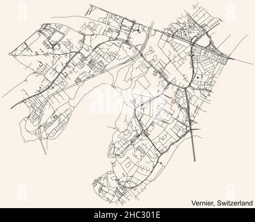 Navigazione dettagliata mappa stradale urbana su sfondo beige vintage della capitale regionale svizzera di Vernier, Svizzera Illustrazione Vettoriale