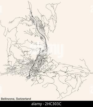 Navigazione dettagliata mappa stradale urbana su sfondo beige vintage della capitale regionale svizzera di Bellinzona, Svizzera Illustrazione Vettoriale