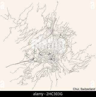 Navigazione dettagliata mappa stradale urbana su sfondo beige vintage della capitale regionale svizzera di Chur, Svizzera Illustrazione Vettoriale