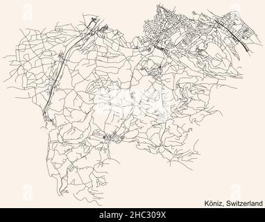 Navigazione dettagliata mappa stradale urbana su sfondo beige vintage della capitale regionale svizzera di Köniz, Svizzera Illustrazione Vettoriale