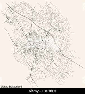 Navigazione dettagliata mappa stradale urbana su sfondo beige vintage della capitale regionale svizzera di Uster, Svizzera Illustrazione Vettoriale