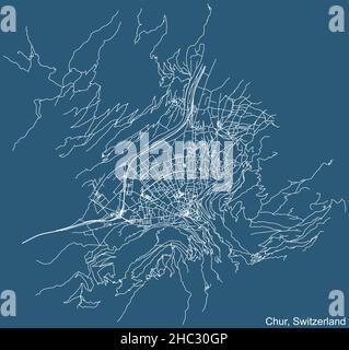 Disegno tecnico dettagliato navigazione strade urbane mappa su sfondo blu della capitale regionale svizzera di Chur, Svizzera Illustrazione Vettoriale