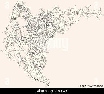 Navigazione dettagliata mappa stradale urbana su sfondo beige vintage della capitale regionale svizzera di Thun, Svizzera Illustrazione Vettoriale