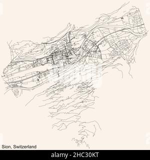 Navigazione dettagliata mappa stradale urbana su sfondo beige vintage della capitale regionale svizzera di Sion, Svizzera Illustrazione Vettoriale