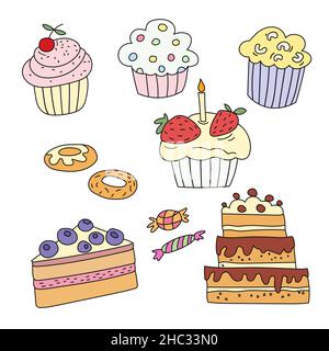 Set disegnato a mano di varie torte isolato su sfondo bianco. Stile cartoon. Illustrazione Vettoriale