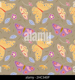 Farfalla senza cuciture. Sfondo disegnato a mano con farfalle variuos su beige. Illustrazione Vettoriale