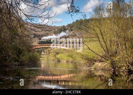 GWR 'Saint' 4-6-0 No. 2999 'Lady of Legend' attraversa il Victoria Bridge sulla ferrovia di Severn Valley, Worcestershire Foto Stock