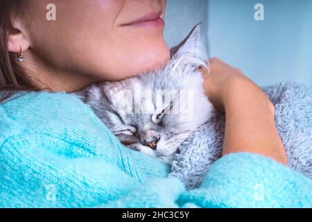 Donna che abbraccia un bel gatto che dorme tra le braccia sotto una coperta accogliente. Animali domestici e amore umano Foto Stock