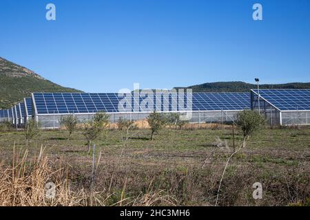 Pannelli solari nelle campagne della Sardegna, Italia, situati in una zona rurale lontana dalle città. Foto Stock