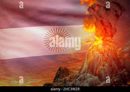 Eruzione statovulcano esplosione notturna con esplosione sullo sfondo della bandiera argentina, problemi a causa di disastro naturale e cenere vulcanica concetto - 3D Foto Stock