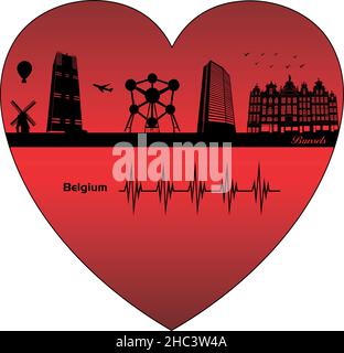 Bruxelles nel cuore - illustrazione, profilo dello skyline della città Vector, Bruxelles Belgio Illustrazione Vettoriale