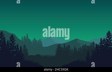 Fantastico panorama della montagna con la silhouette di alberi dal villaggio di notte. Illustrazione vettoriale di una città Illustrazione Vettoriale
