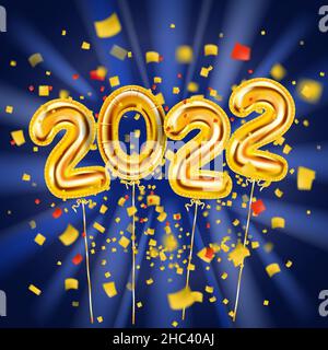 2022 palloncini decorativi d'oro realistici. Gold foil Numbers 3d Happy New Year, luccicante sfondo party, confetti, glitter. Poster vettoriale delle feste Illustrazione Vettoriale