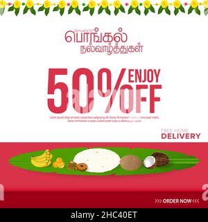 50% di sconto sulla vendita prima del South Indian Pongal Festival e tradurre Happy Pongal Tamil testo - Illustrazione Vector Illustrazione Vettoriale