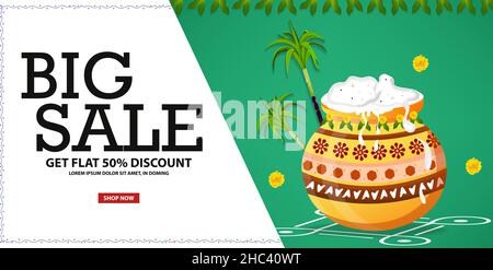 Happy Pongal Festival Offerta Vendita sfondo modello Design con 50% di sconto - Grande Pongal offerta Design sfondo. Illustrazione Vettoriale