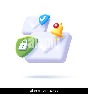 Composizione di icone digitali di busta con protezione di sicurezza e lucchetto e campana di notifica, 3D illustrazione isometrica Illustrazione Vettoriale